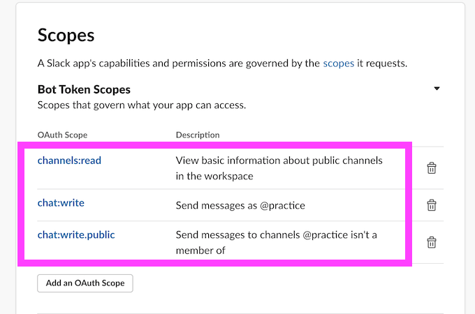 Slack API YourApps Scopes